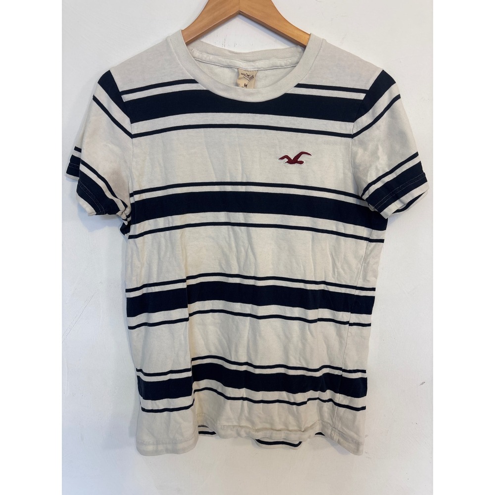 Hollister Mens Navy Blue White Striped Short Sleeve T-Shirt Size Medium Seagull
